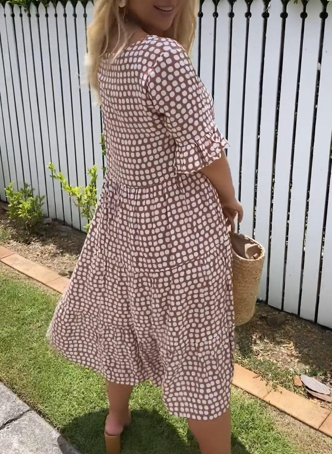 Zora | Short Sleeve Midi Dress in Sand - View 8