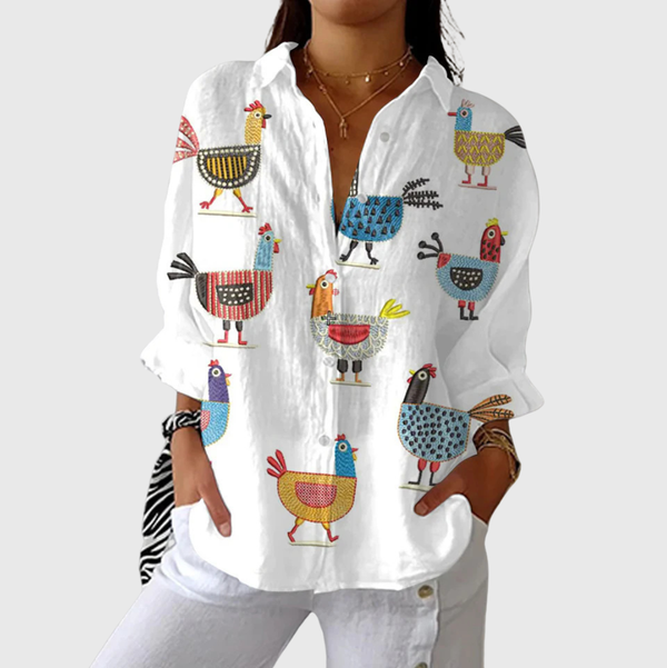 Lightweight and Vibrant Print Blouse - White with Hens