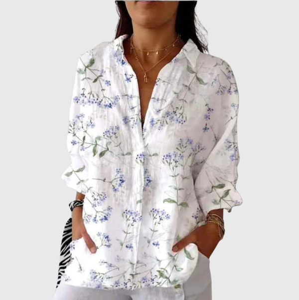 Lightweight and Vibrant Print Blouse - White with Delicate Blossoms