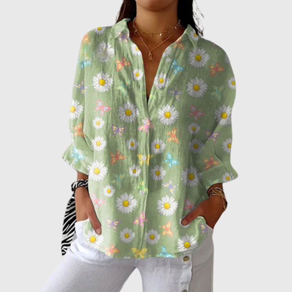 Lightweight and Vibrant Print Blouse - Light Green with Daisies