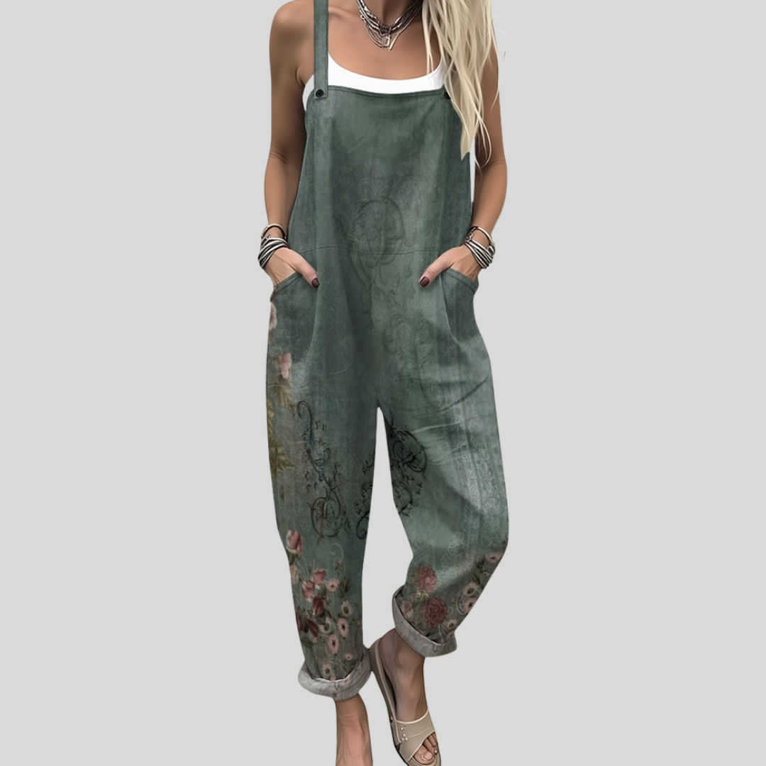 Olive Green Dungarees with Floral Border by Nuala Dublin