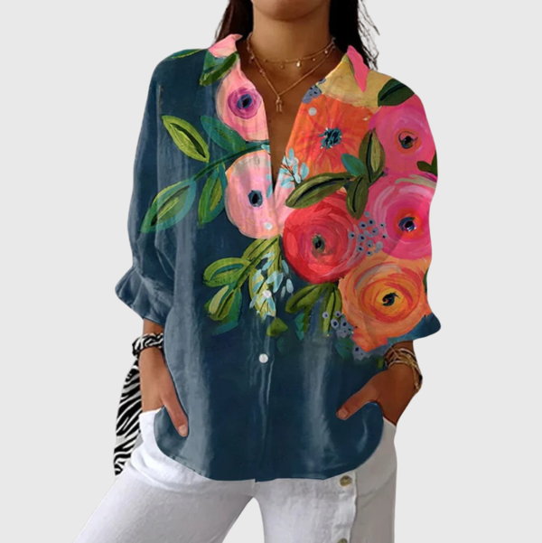 Lightweight and Vibrant Print Blouse - Dark Blue with Large Blooms