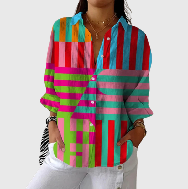 Lightweight and Vibrant Print Blouse - Pink and Turquoise Stripe Mix