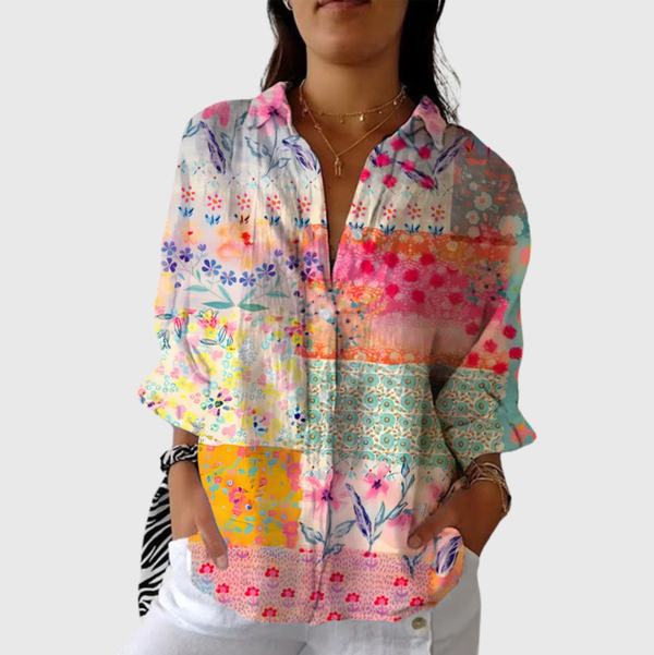 Lightweight and Vibrant Print Blouse - Pastel Floral Patchwork