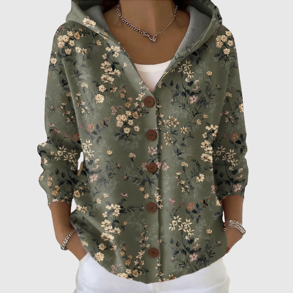 Marlene | Comfortable Hooded Cardigan with Flowers on Olive Green