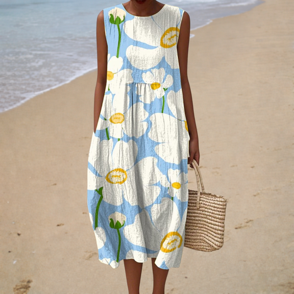 Comfortable Sleeveless Summer Dress - White-Blue with Large Flowers