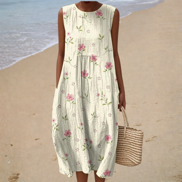 Comfortable Sleeveless Summer Dress - Cream with Pink Flowers