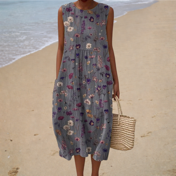 Comfortable Sleeveless Summer Dress - Grey Ditsy Floral