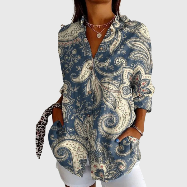 Lightweight and Vibrant Print Blouse - Blue and Cream Paisley