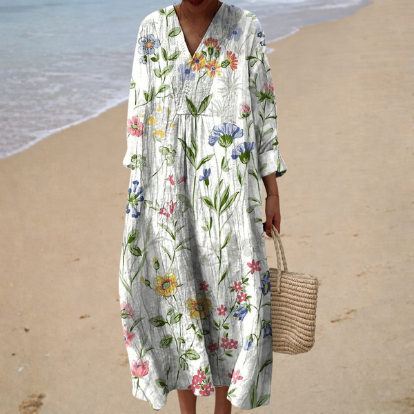 Floaty Printed Summer Dress - White with Meadow Flowers