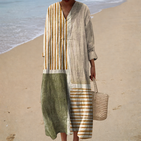 Floaty Summer Dress with Print - Beige-Green Stripe Mix