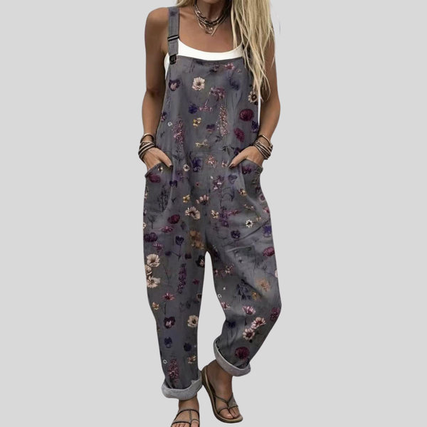 Grey Dungarees with Colourful Little Flowers