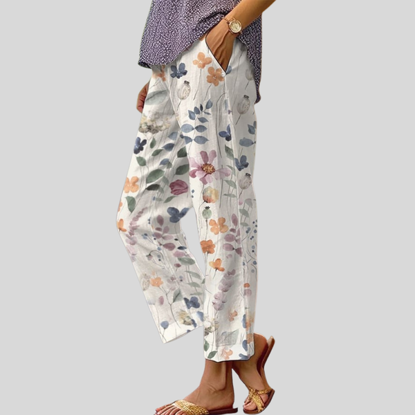 Casual Everyday Trousers - Cream with Ditsy Flowers
